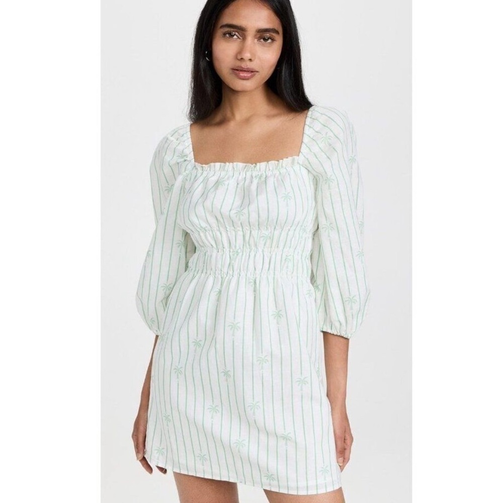 NWT CHARLIE HOLIDAY LINEN SHORT PALM STRIPE MIDI DRESS SIZE 10 - Picture 2 of 11